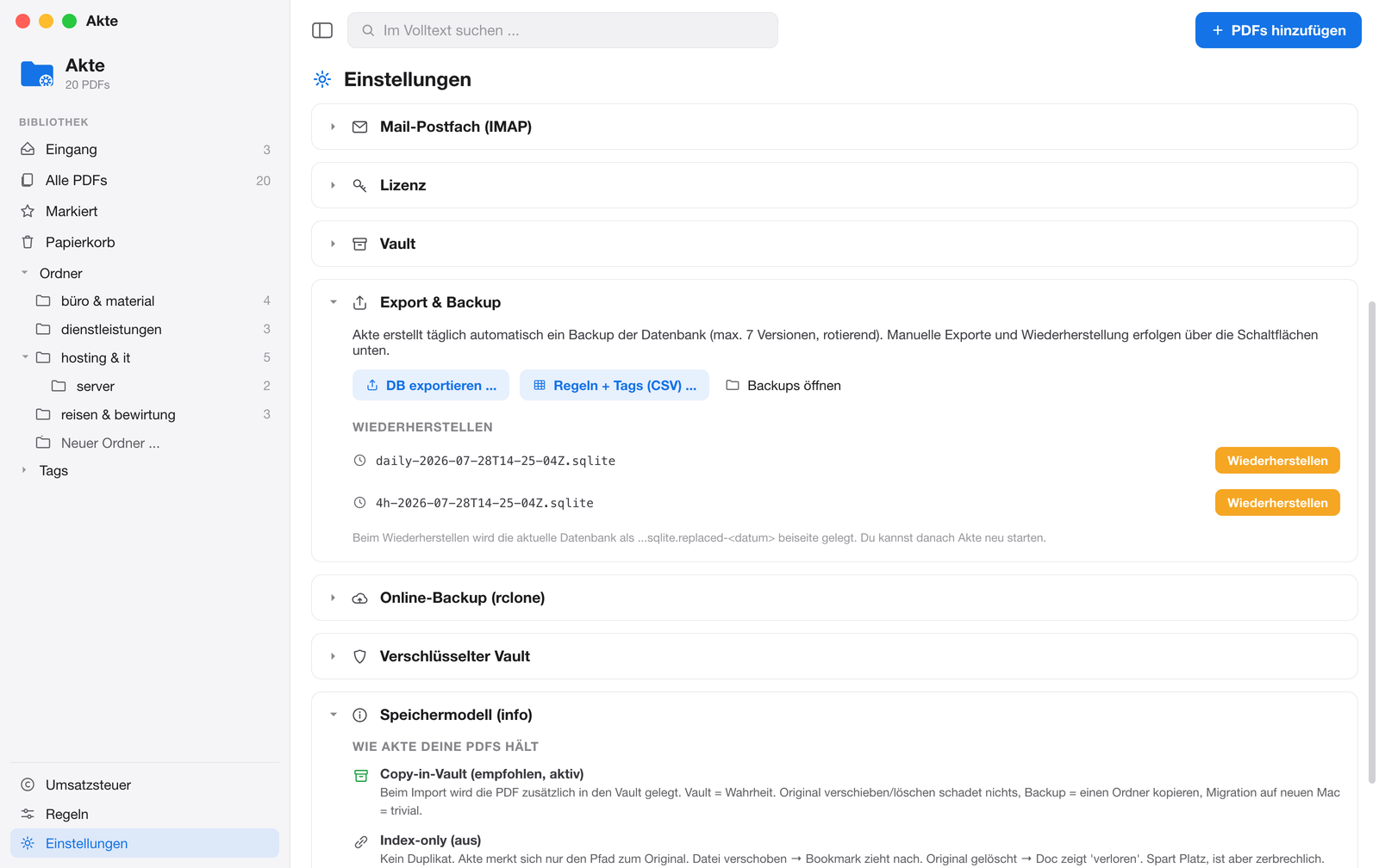 Tägliche Backups mit Wiederherstellung in den Einstellungen